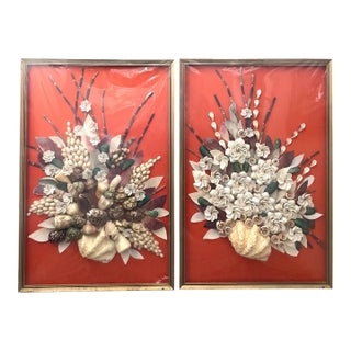 2 VTG Tropical Hawaiian Sea Shell Beach Tiki Folk Art Framed 16x24” For Sale