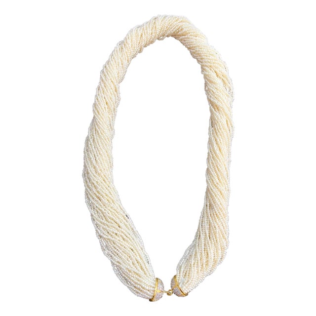 400 Carat Seed Pearl Necklace with Diamond & 14 Karat Yellow Gold Bell Cap Clasp For Sale
