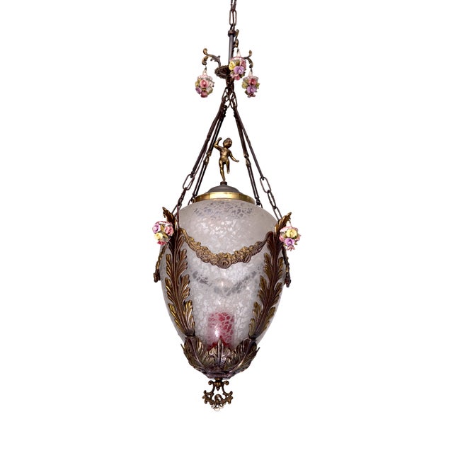 Italian Brass, Etched Glass and Capodimonte Flowers Lantern, 1950s For Sale