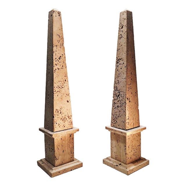 Large Italian Obelisks in Hand-Carved Travertine, 1960s, Set of 2 For Sale