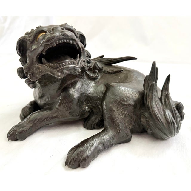 A Very Fine Late 19th c. Japanese Meiji Period Bronze Foo Dog with All-Over Amazing Detail and Gold Inset Eyes and...