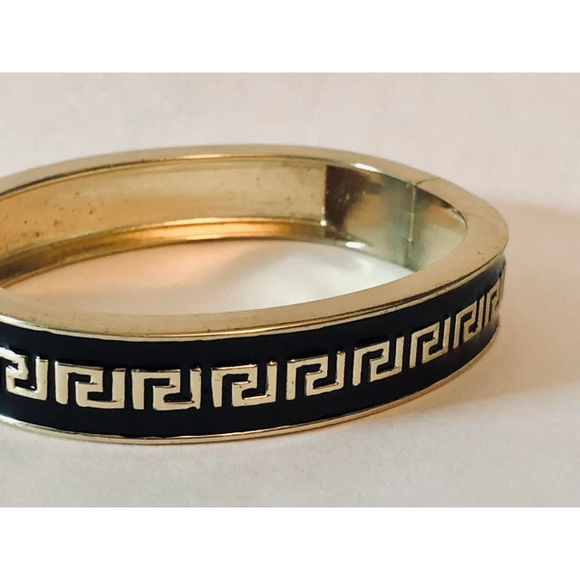 Traditional Vintage Black Enamel Gold Greek Key Hinged Bangle For Sale - Image 3 of 7