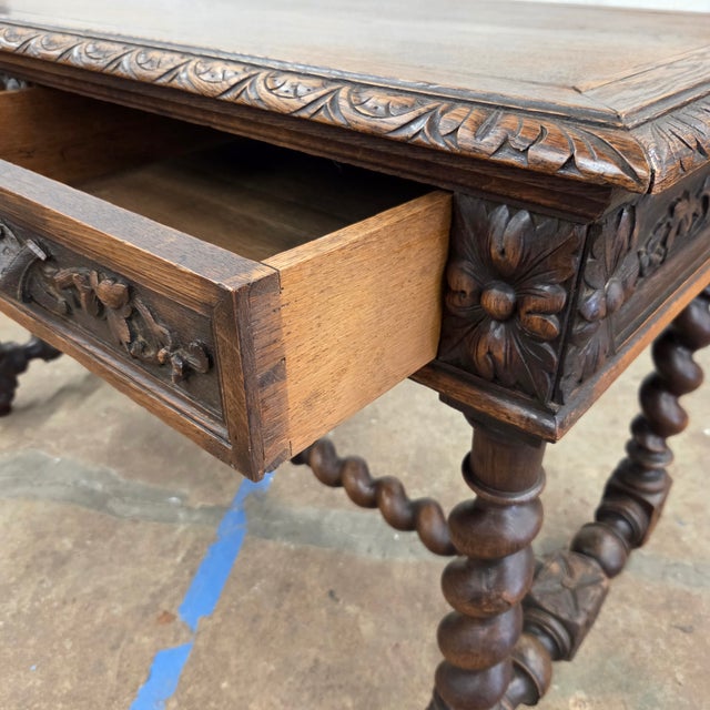 Mid 19th Century Jacobean Carved Oak Barley Twist H-Stretcher and Leg Writing Table For Sale - Image 13 of 18