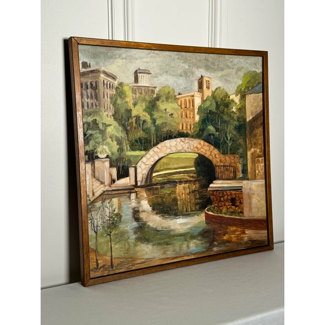 Vintage Cityscape Bridge Still Life Framed Original Oil Painting, Green, Brown, Cream For Sale - Image 4 of 12