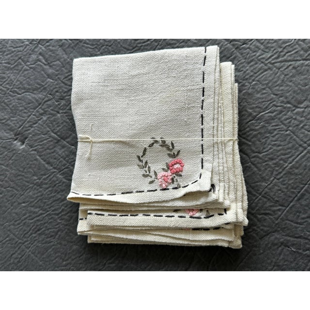 Farmhouse Vintage Handmade Linen Cocktail Napkins With Floral Hand Embroidery Detail Set of 4 For Sale - Image 3 of 12