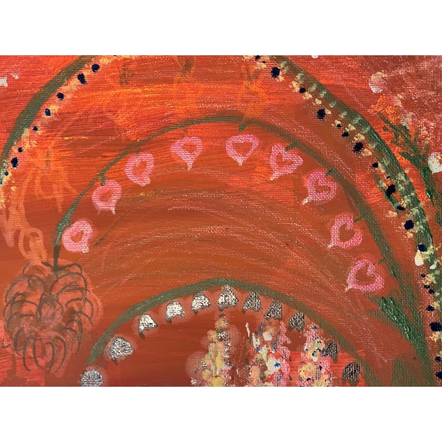 1970s Modern Abstract Mixed Media Painting Folk Art Naive Style Magic Garden at Sunset W 3 Hedgehogs For Sale In Miami - Image 6 of 7