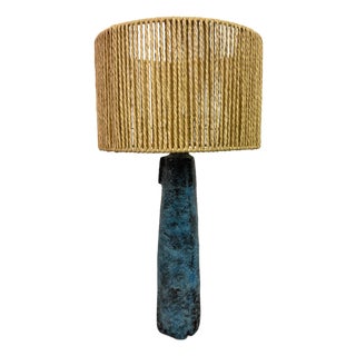 Blue Ceramic Table Lamp with Woven Shade, 1960s For Sale