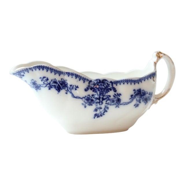 1890-1910 English Grindley Gilded (Flow Blue) Transferware Gravy Boat For Sale