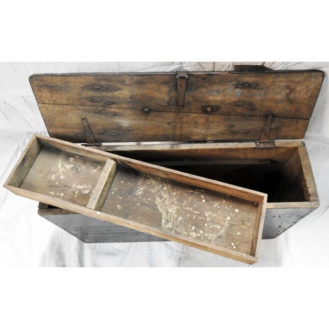 Rustic Primitive Wooden Tool Box With Leather Details For Sale - Image 3 of 11