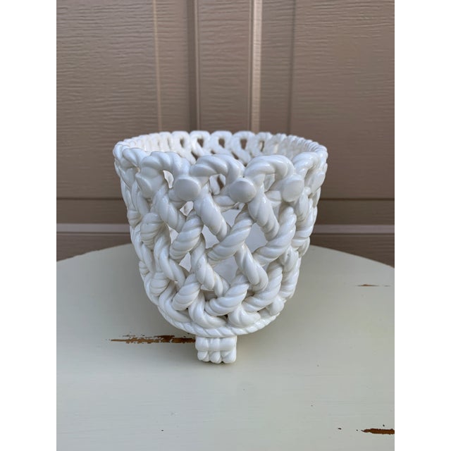 French Country Trompe l'Oeil Porcelain Rope Basket Cachepot For Sale - Image 9 of 11