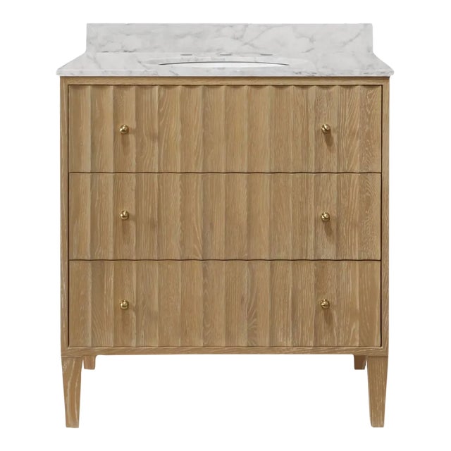 Matthew Izzo Home Odin Fluted Cerused Oak, Two Drawer, Single Sink Bathroom Vanity - Carrara Marble Top, Porcelain Sink, Brass Hardware For Sale