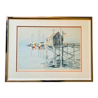 Vintage 1970’s Silk Screen Print of Sailboats Entitled “Misty Morn Maine” For Sale