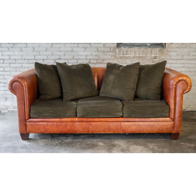 Animal Skin Ralph Lauren Chesterfield Cognac Leather and Corduroy Sofa For Sale - Image 7 of 17