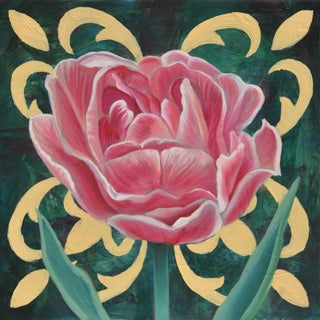 Peony with Yellow Patterns by Robin Hextrum | Oil on Panel Pink Peony with Yellow Patterns For Sale