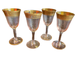 Early 20th Century Pink & Gold Cordial Stemmed Glasses - Set of 4