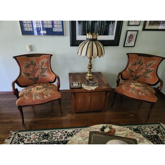 Vintage Wooden accent with mauve embroidered seats Seat needs some repair to embroidered center but both are in very good...