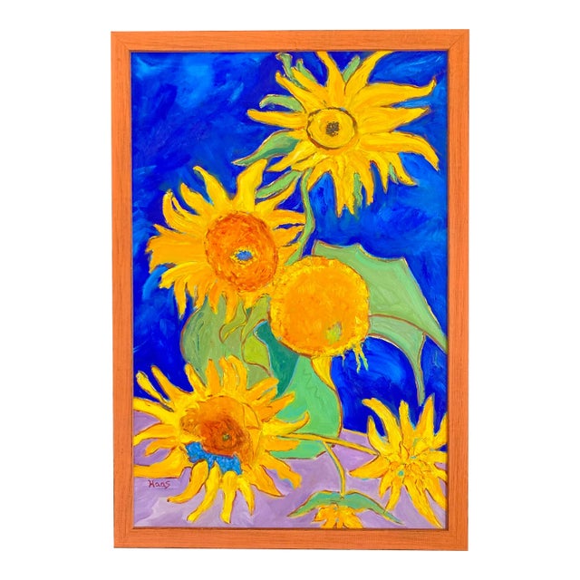 "After Van Gogh" Contemporary Original Sunflowers Still Life Oil Painting, Framed For Sale