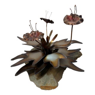 Brutalist Copper Leaves and Flower Sculpture on Slate Base by C. Jones For Sale