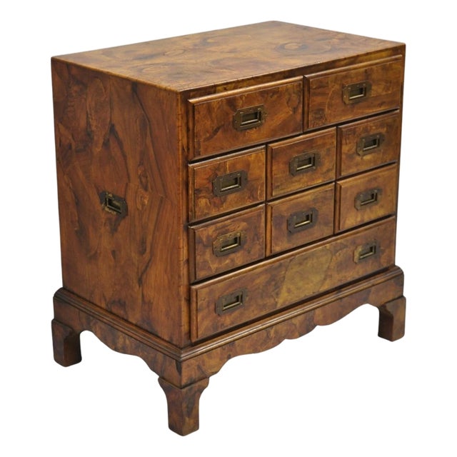 Vintage Italian Olive Wood Veneer Campaign Chest of Drawers Cabinet Side Table For Sale