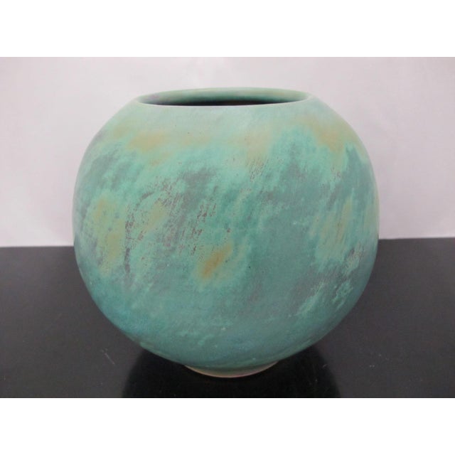Turquoise Mottled Earth Tone Spherical Studio Pottery Vase Jar For Sale - Image 4 of 8