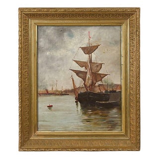 Unknown, Painting Sailboat on a Calm Sea, 1890, Oil on Canvas For Sale