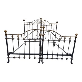 Antique Victorian Iron & Brass King Bed With Scrollwork and Ball Finials, C. 1890s For Sale