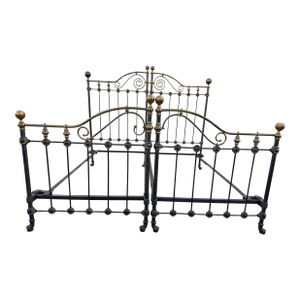 Antique Victorian Iron & Brass King Bed With Scrollwork and Ball Finials, C. 1890s