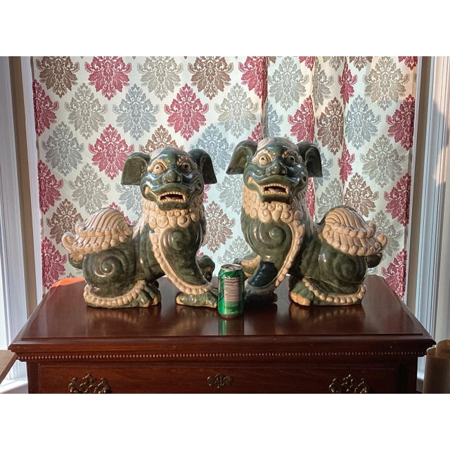 Chinese Pair of Monumental Antique Chinese Porcelain Foo Dog Statues – Emerald Green Glaze For Sale - Image 3 of 12