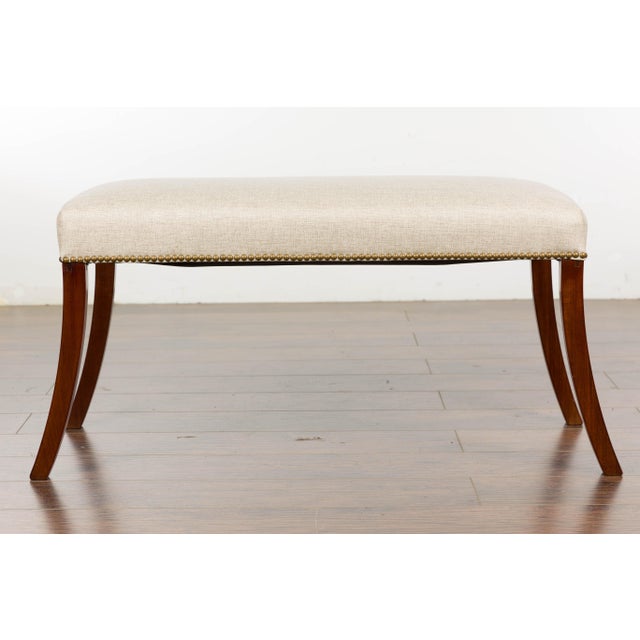 Brown 19th Century English Regency Bench with Saber Legs and Custom Linen Upholstery For Sale - Image 8 of 12