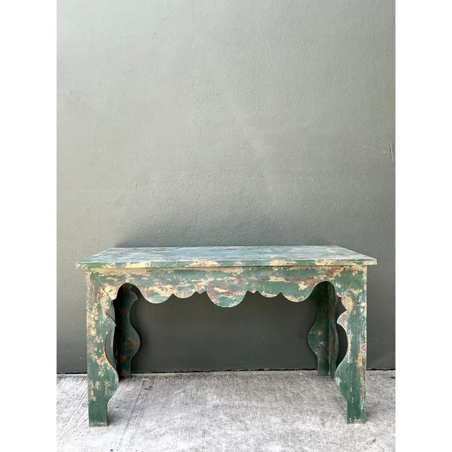 Wood Vintage Distressed Scalloped Green Wood Table For Sale - Image 7 of 14