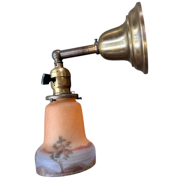1910s 1910s Painted Arts and Crafts Glass Shades on Original Patina Brass Wall Sconces - a Pair For Sale - Image 5 of 7