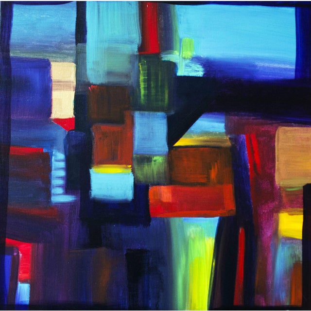 Farther — Geometric Abstract Painting in Layered Blues, Reds, and Warm Tones For Sale