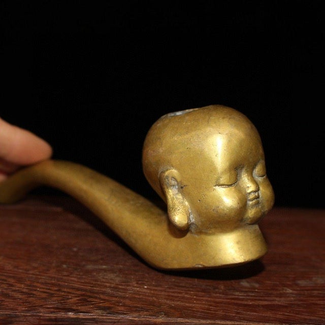 Chinese Vintage Brass Child's Head Tobacco Pipe – Figural Opium Pipe For Sale - Image 3 of 9