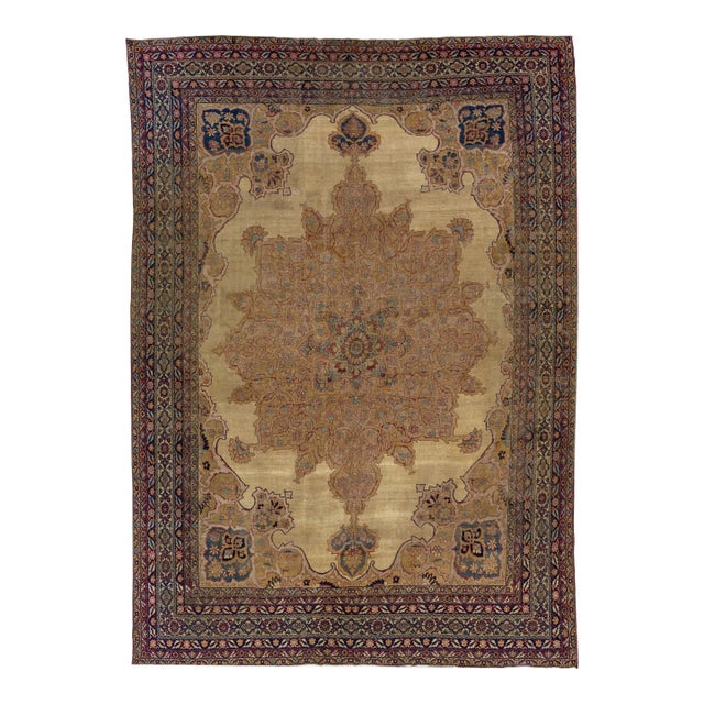 1880s Persian Kerman Wool Rug With Medallion Design in Tan For Sale
