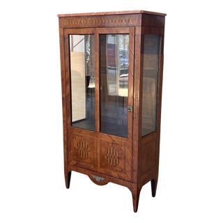 Late 20th Century Louis XVI Style Showcase Vitrine in Walnut with Geometrical Marquetry For Sale