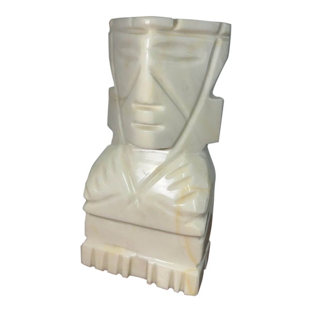 Vintage Heavy Carved Marble Figural Bookend Geometric Face Sculpture 8 Inch For Sale