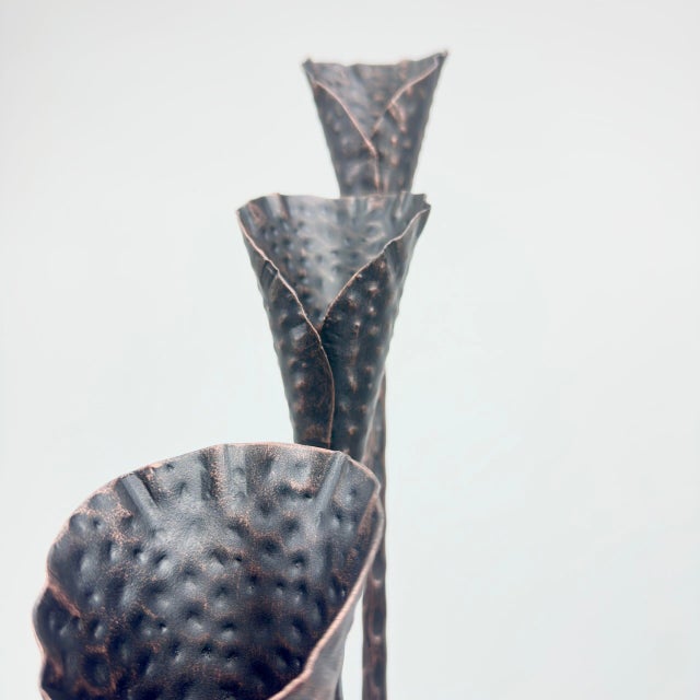 Hand Forged Iron Candelabra Set of 3 (100-120cm) Antique Copper Finish Hammered Stem with Calla Lily Cups For Sale - Image 6 of 10