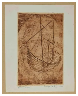 V. Pyle, Ex-Libris, Boat and Fish, Etching, 1954