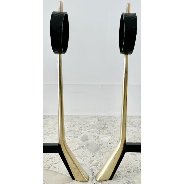 Metal Pair of Modernist Bronze and Wrought Iron Andirons, Italian, Circa 1950 For Sale - Image 7 of 11