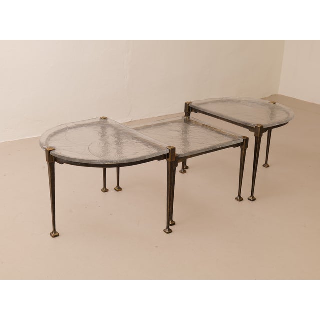 Metal Brutalist Wrought Bronze and Crystal Glass Coffee Table by Lothar Klute, 2001, Set of 3 For Sale - Image 7 of 12