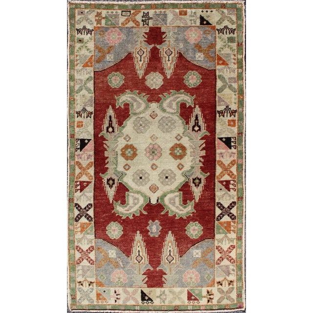 Textile Vintage Turkish Oushak Rug With Deep Red Field and Soft Green and Peach Accents For Sale - Image 7 of 7