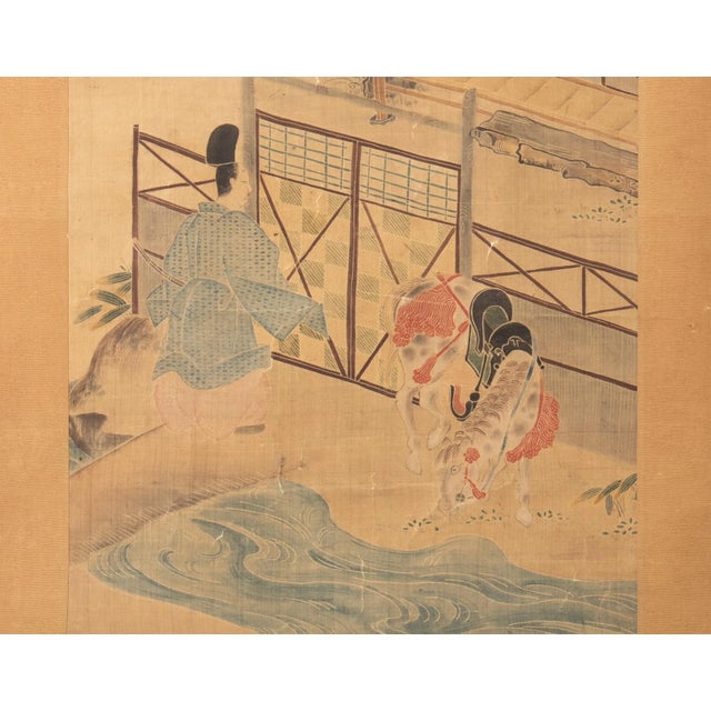 Tan Meiji Era Japanese Painted Silk Scroll Inspired by "The Tale of Genji" Story For Sale - Image 8 of 12