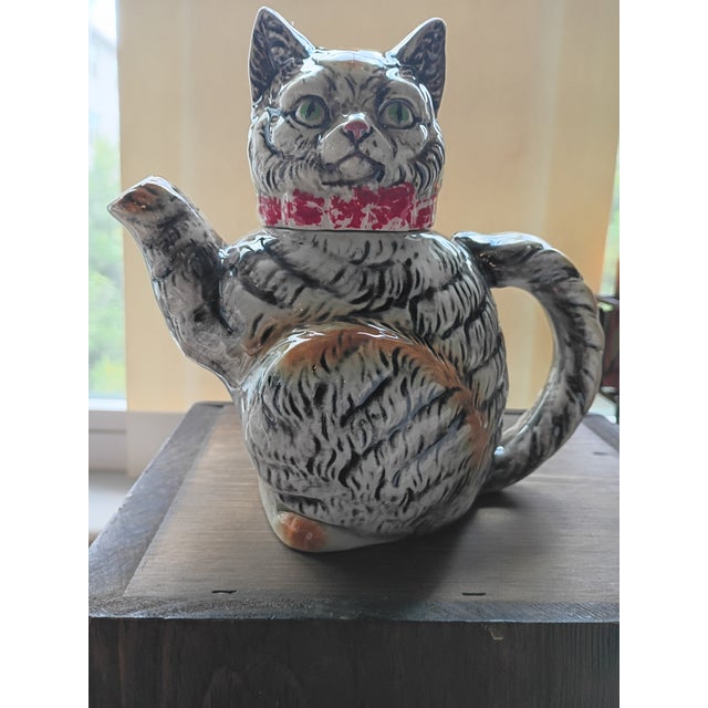 1960s Mid-Century Japanese Ceramic Tabby Cat Figural Teapot For Sale - Image 5 of 9
