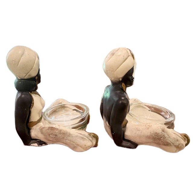 1950s 1950s Mid-Century Chalkware Blackamoor Figurines & Ashtrays With Glass Inserts - A Pair For Sale - Image 5 of 6