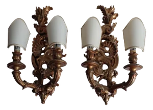 Italian Carved Wooden Wall Lamps, Late 1800s, Set of 2