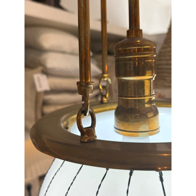 Brass Late 20th Century Unlacquered Brass Hood Classic Pendant With 12-Inch Opal Globe With Wire Mesh For Sale - Image 8 of 12