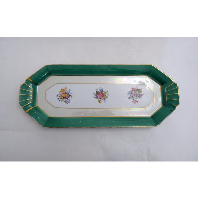 Mid-century Art Deco cake plate, elongated rectangular shape with two stylized side handles, polychrome floral decoration...