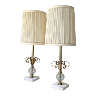 Vintage Marble & Hobnail Glass Vanity Table Lamps, a Pair For Sale