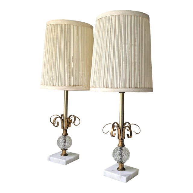 Vintage Marble & Hobnail Glass Vanity Table Lamps, a Pair For Sale