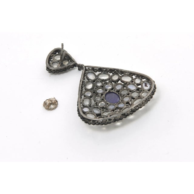 White Moonstone, Tanzanite and Black Diamond Dangle Drop Pierced Earrings , Blue Purple For Sale - Image 8 of 10